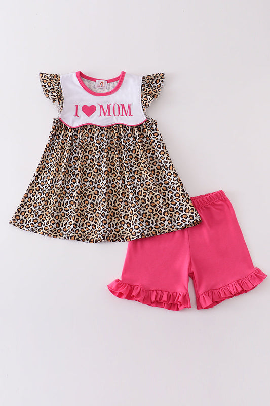 Leopard print I love MOM embroidery girl set