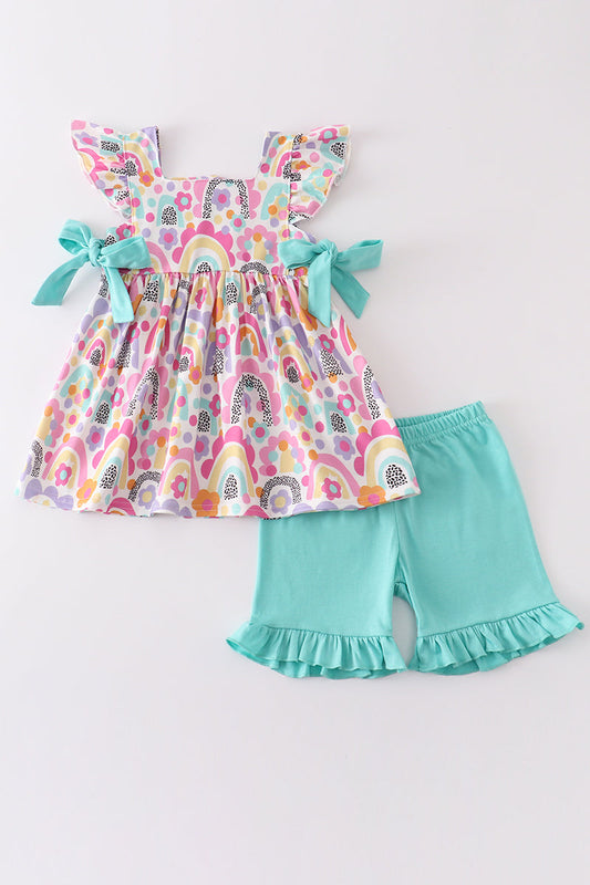 Rainbow print girl ruffle shorts set