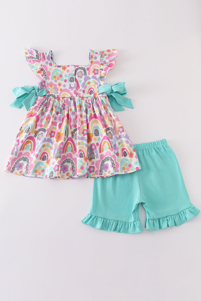 Rainbow print girl ruffle shorts set