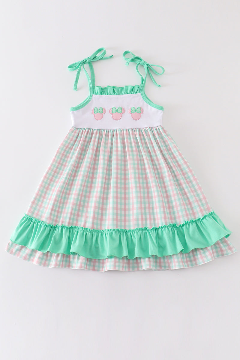 Green character applique plaid ruffle dress