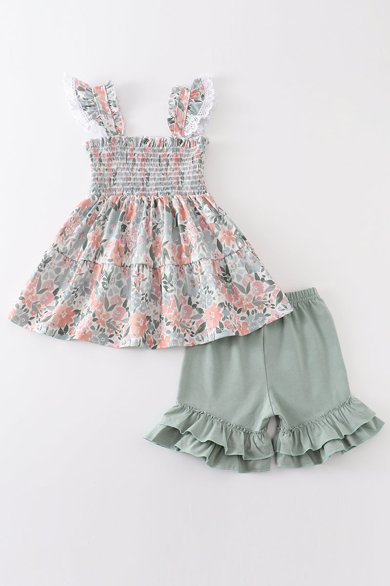 Floral print smocked girl set