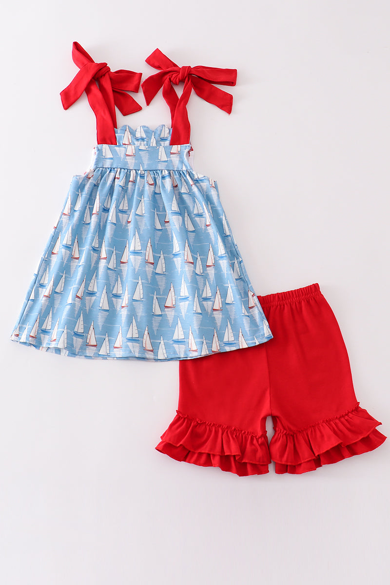 Blue sailboat embroidery girl set