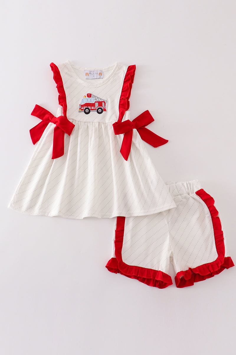 Red fire truck applique girl set