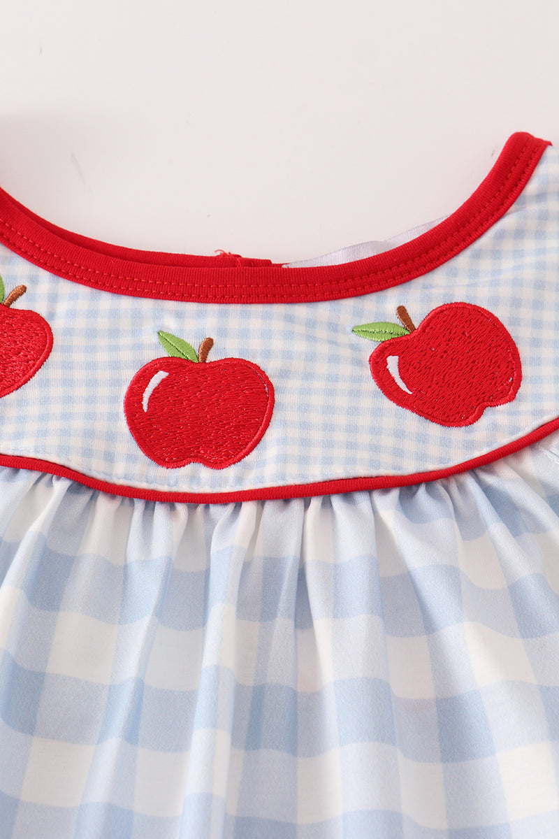 Blue apple embroidery plaid girl set