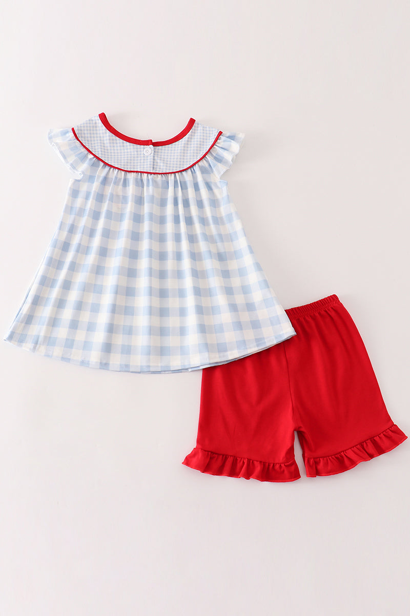 Blue apple embroidery plaid girl set