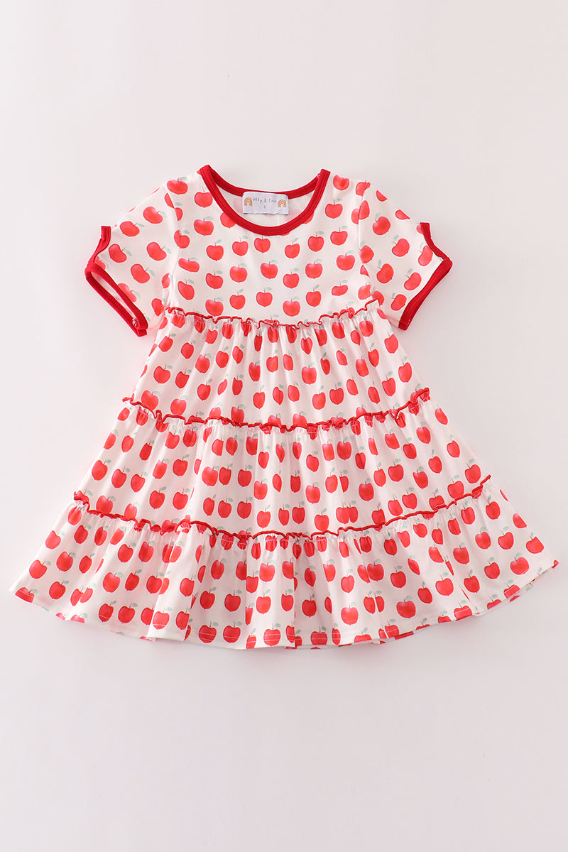 Red apple print tiered dress