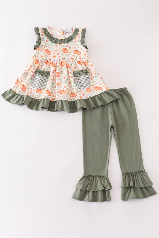 Green pumpkin ruffle girl pants set