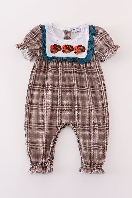 Brown plaid turkey french knot girl romper