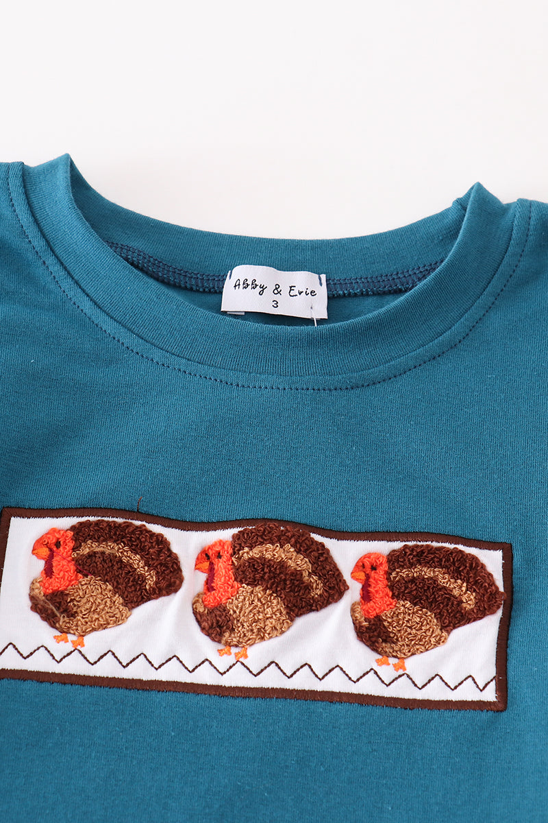 Brown plaid turkey french knot boy set