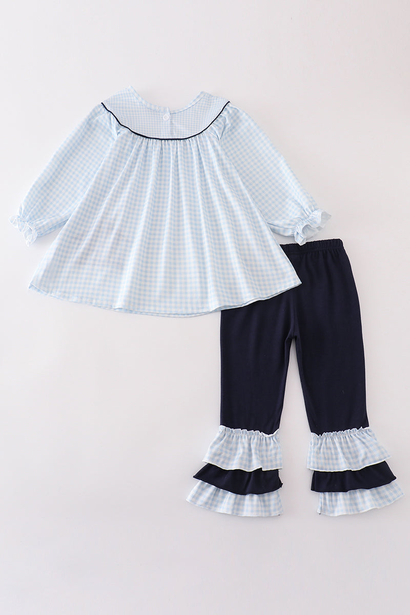 Navy nativity embroidery gingham girl set