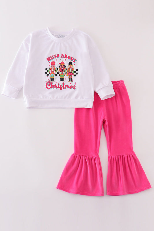 White nutcracter velvet girl pants set