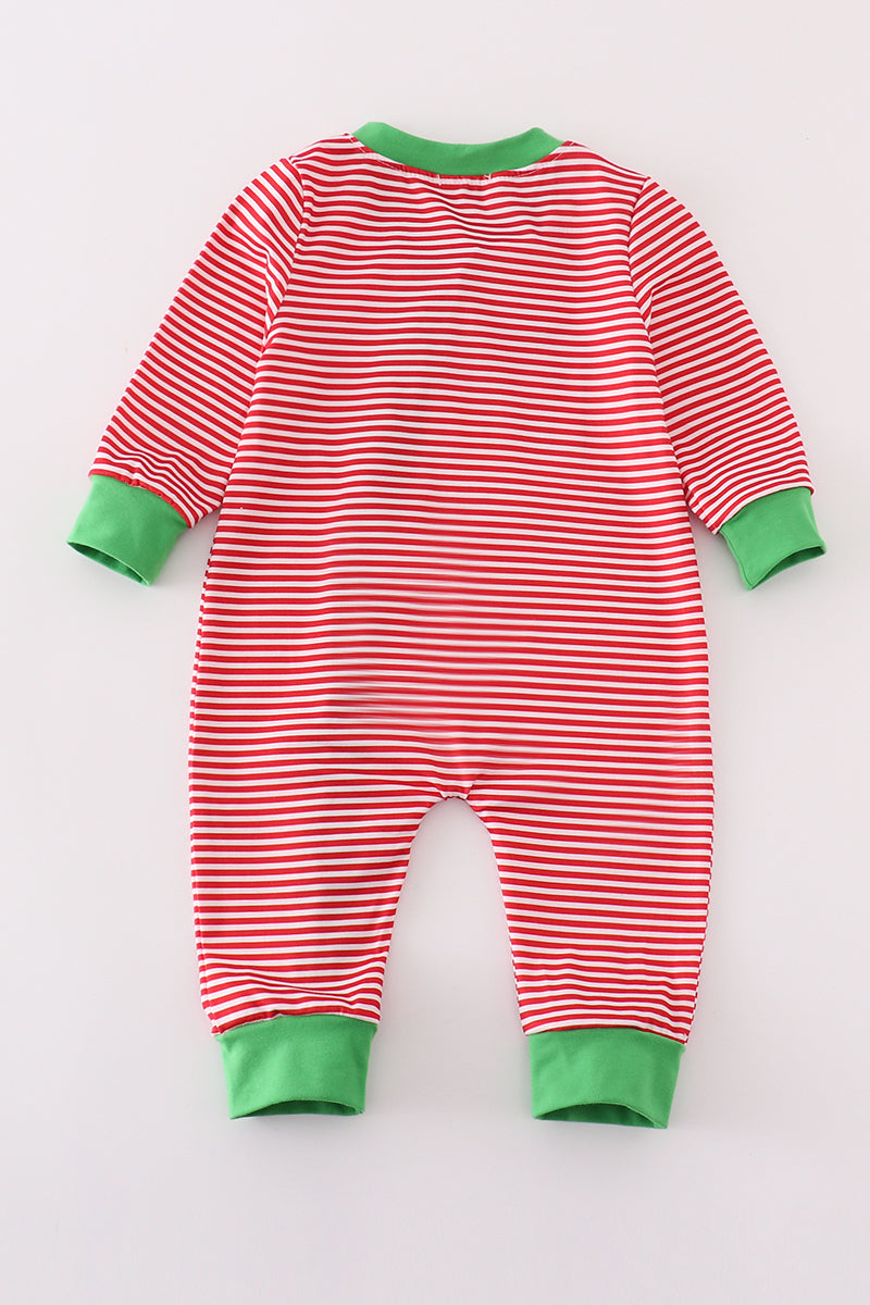 Red stripe christmas tree embroidery boy romper