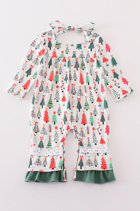 Green christmas tree print girl romper