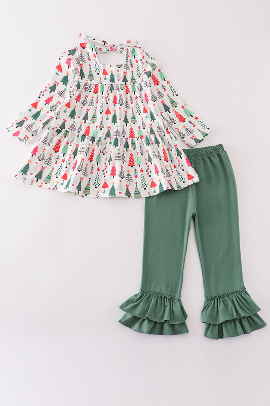 Green christmas tree print girl set