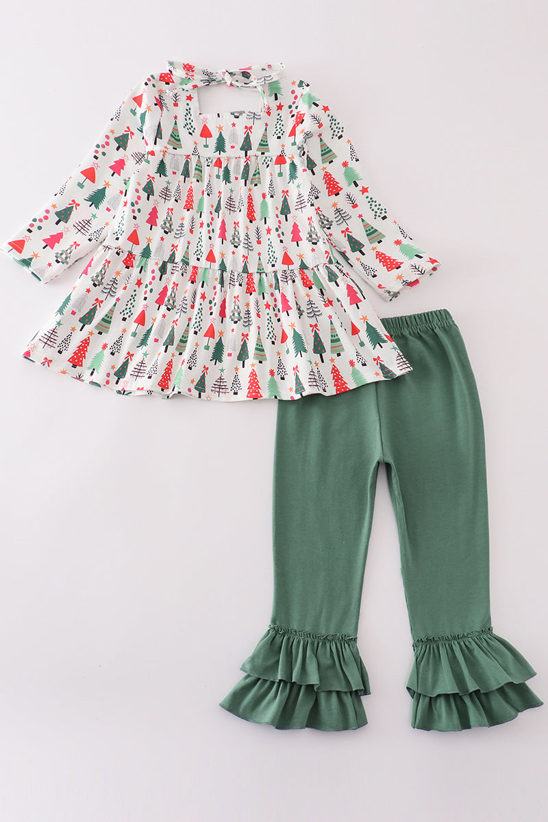 Green christmas tree print girl set