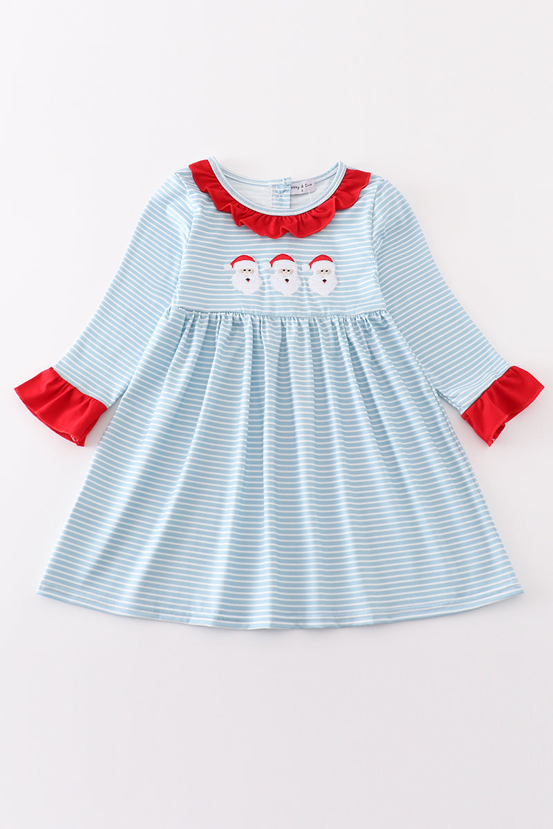 Blue stripe christmas santa embroidery dress