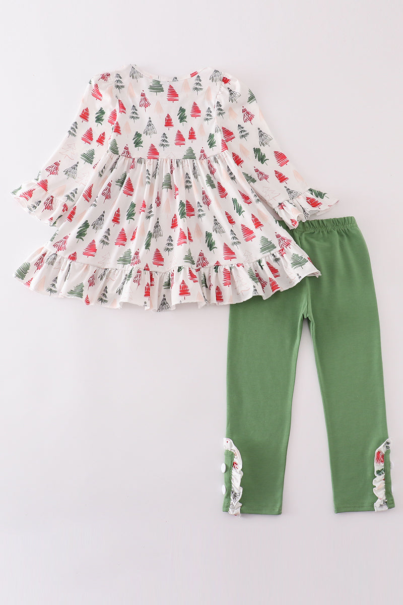 Green christmas tree print girl ruffle set