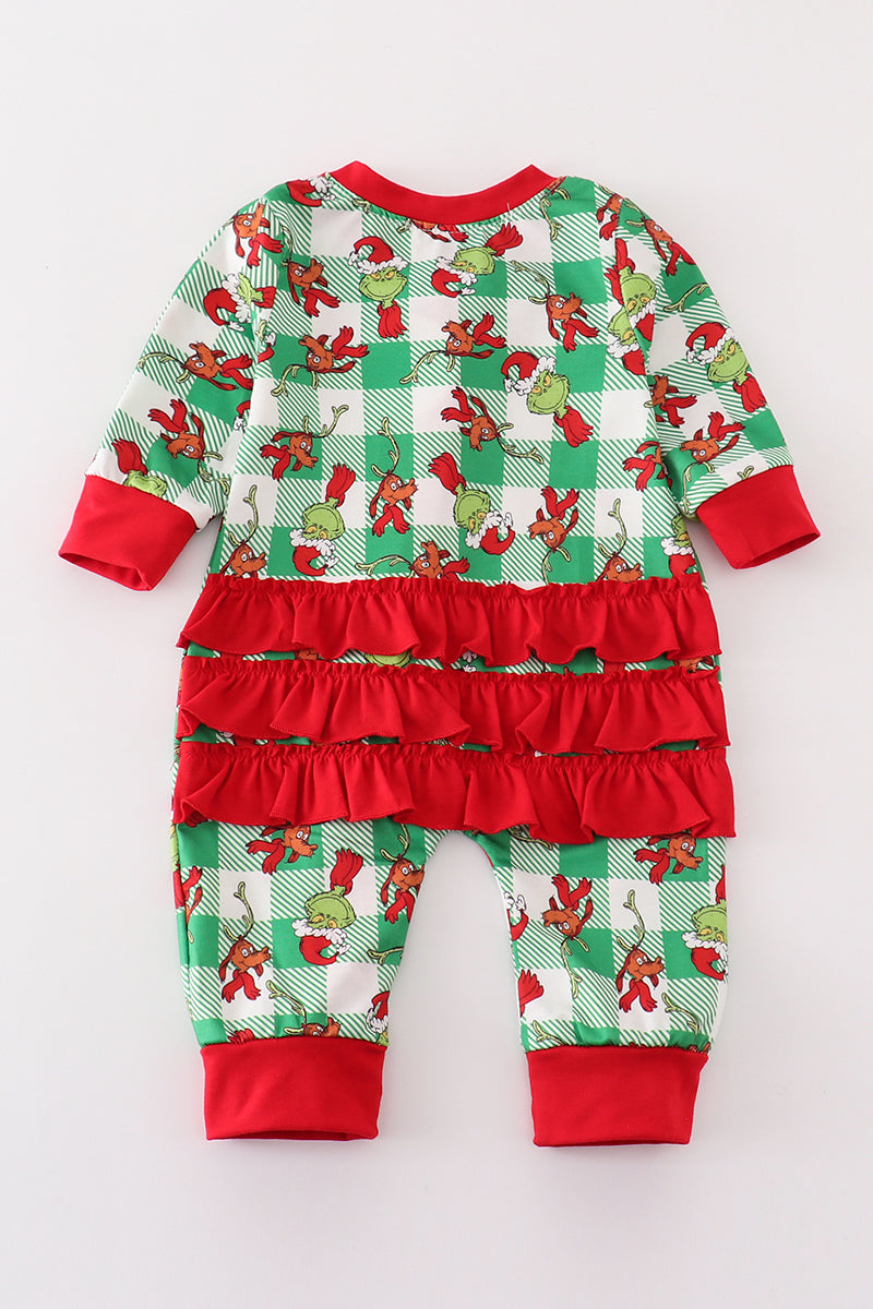 Green grinch print plaid ruffle zip girl romper