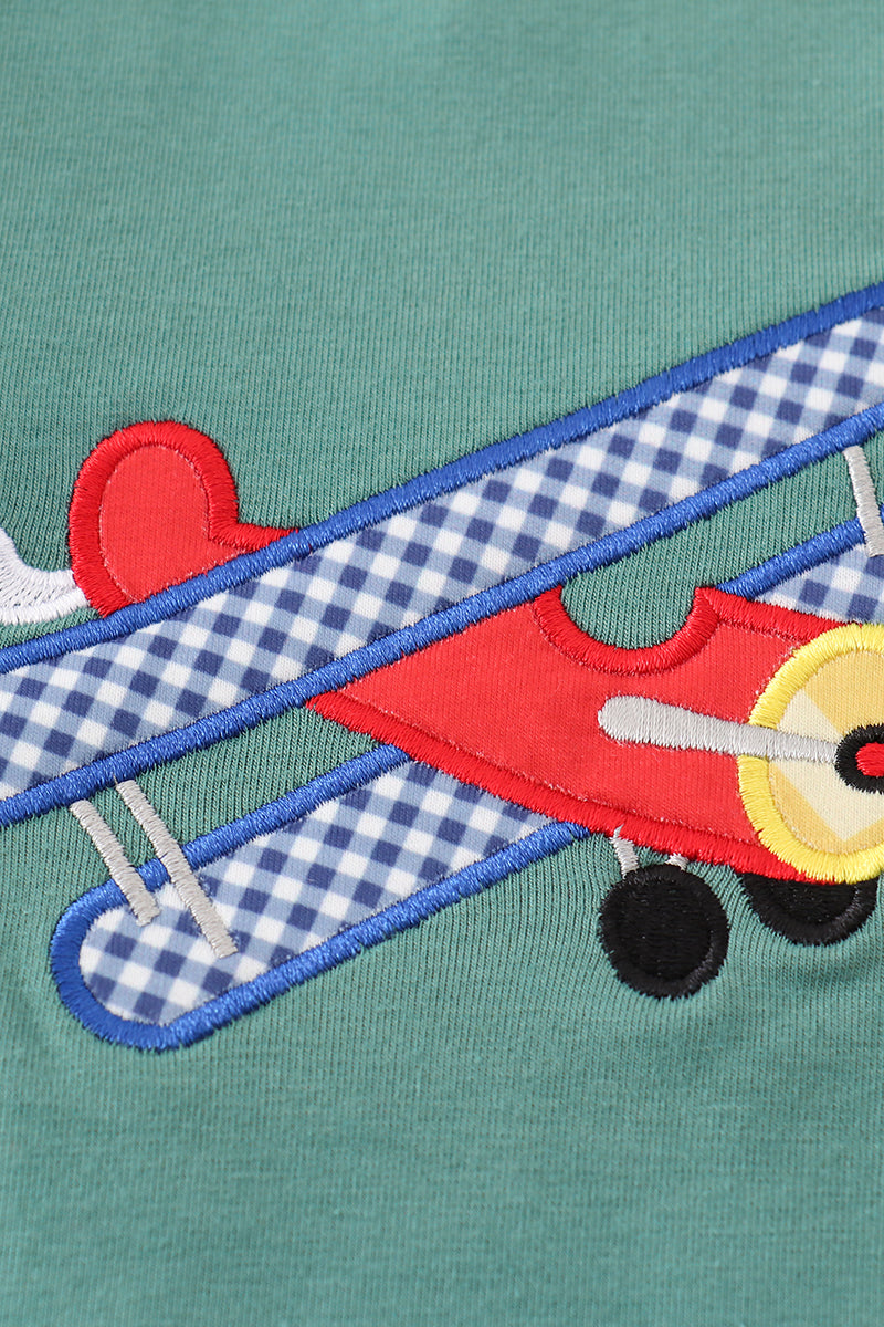 Green plane applique boy top