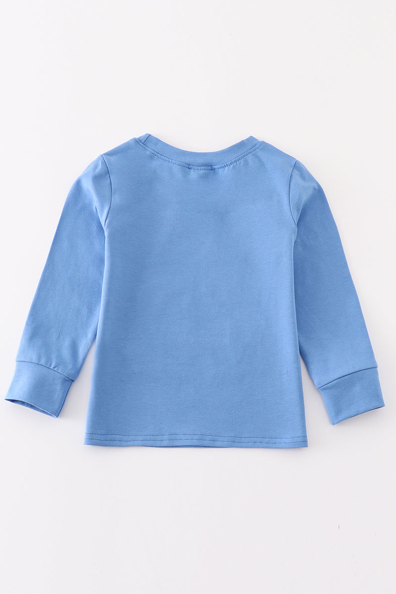 Blue train applique boy top