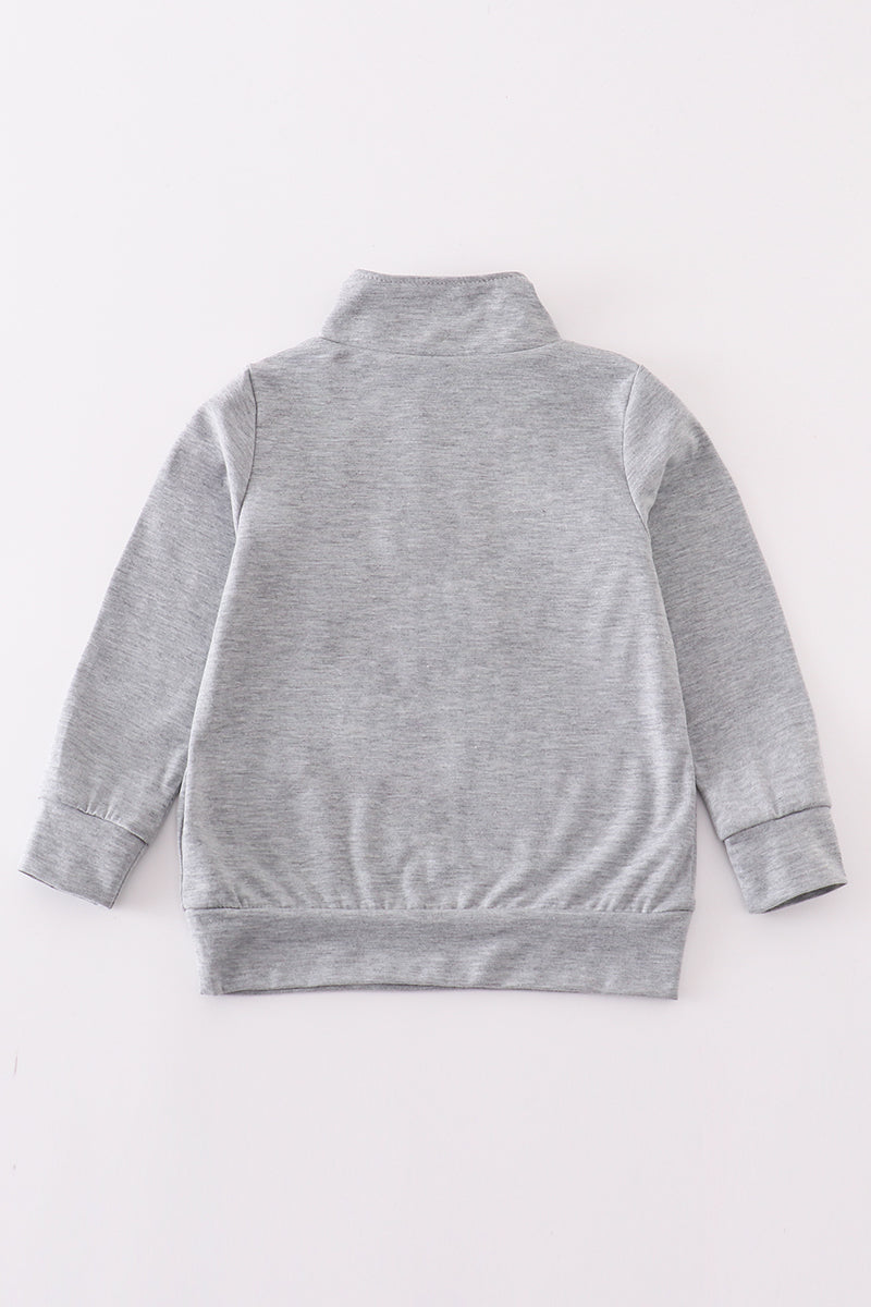 Grey character embroidery boy zipper pullover