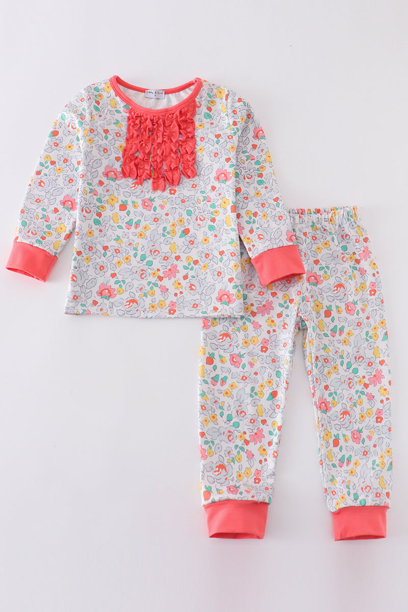 Pink floral print girl pajamas set