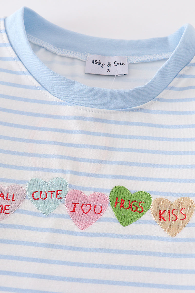 Blue stripe valentine heart embroidery boy top