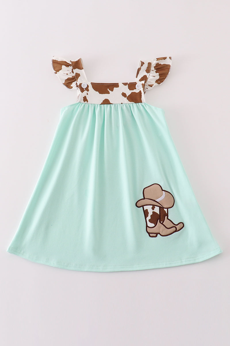 Green boots applique leopard girl dress