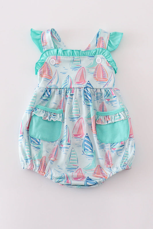 Green sailboat print ruffle bubble