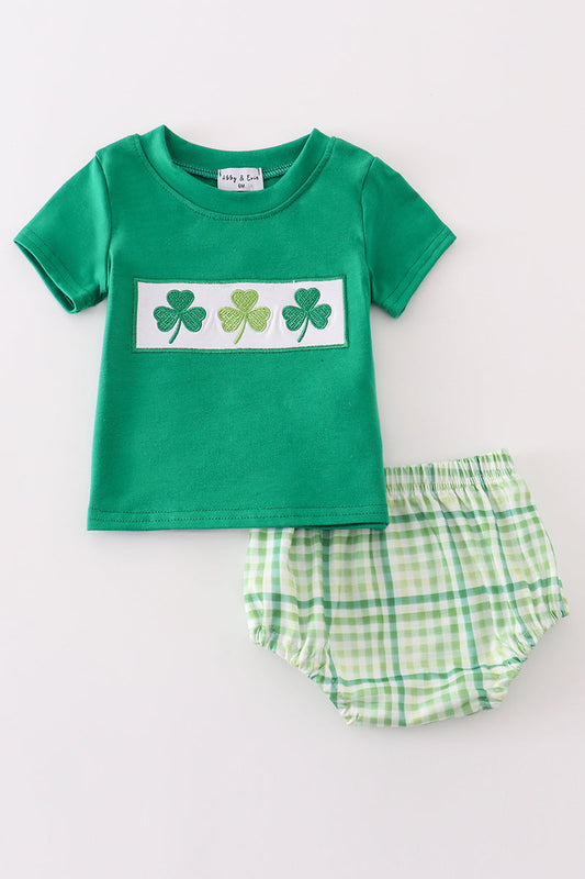 Green lucky clover embroidery boy bloomer set