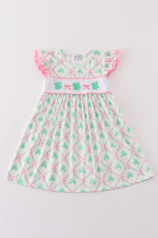 Pink green bow clover embroidery girl dress