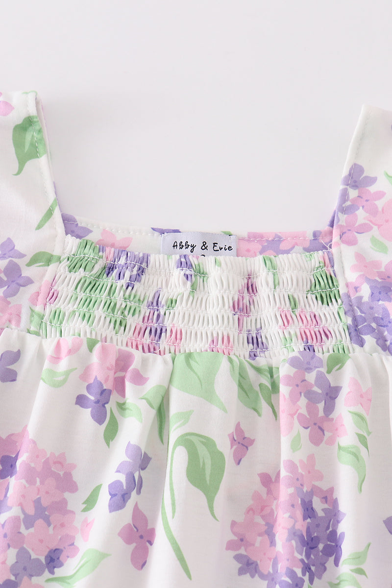 Purple hydragena print smocked girl set