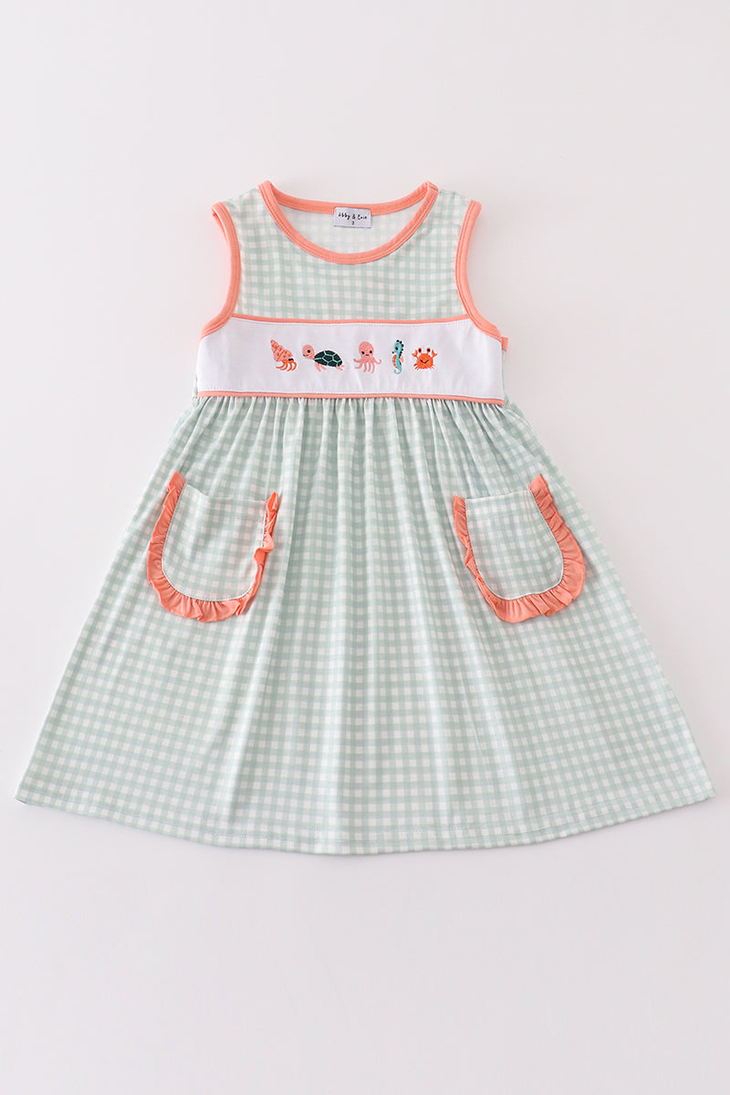 Coral & sage marine creature embroidery girl dress