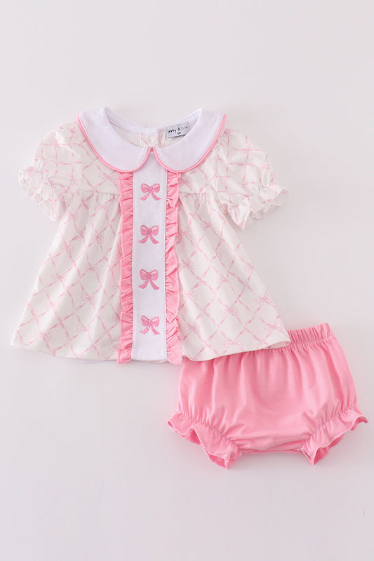 Pink bow embroidery girl bloomer set