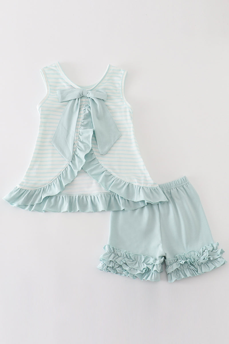 Blue stripe sailboat embroidery girl set