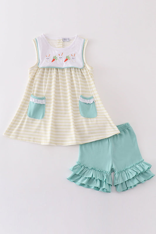 Easter stripe bunny embroidery girl set