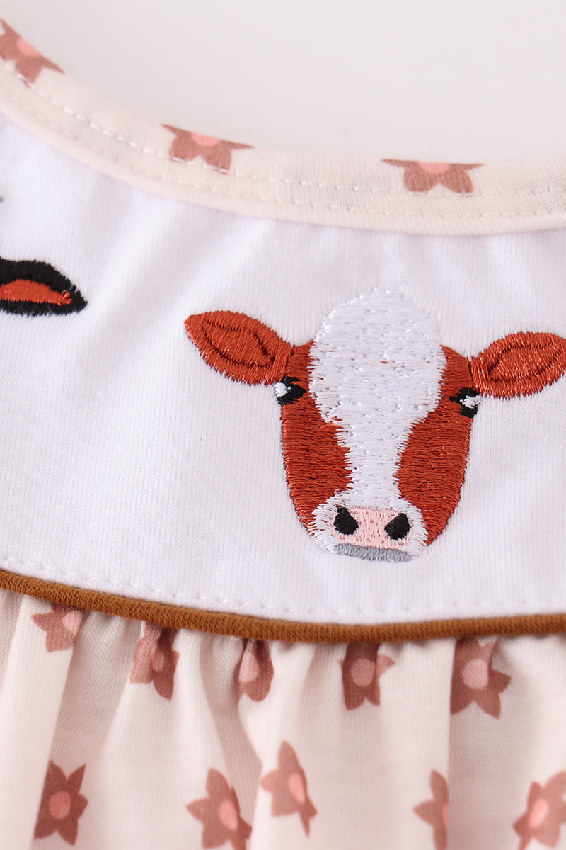 Floral print cow embroidery girl dress