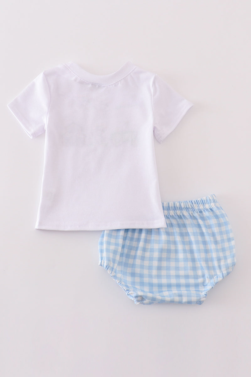 Blue farm embroidery boy bloomer set