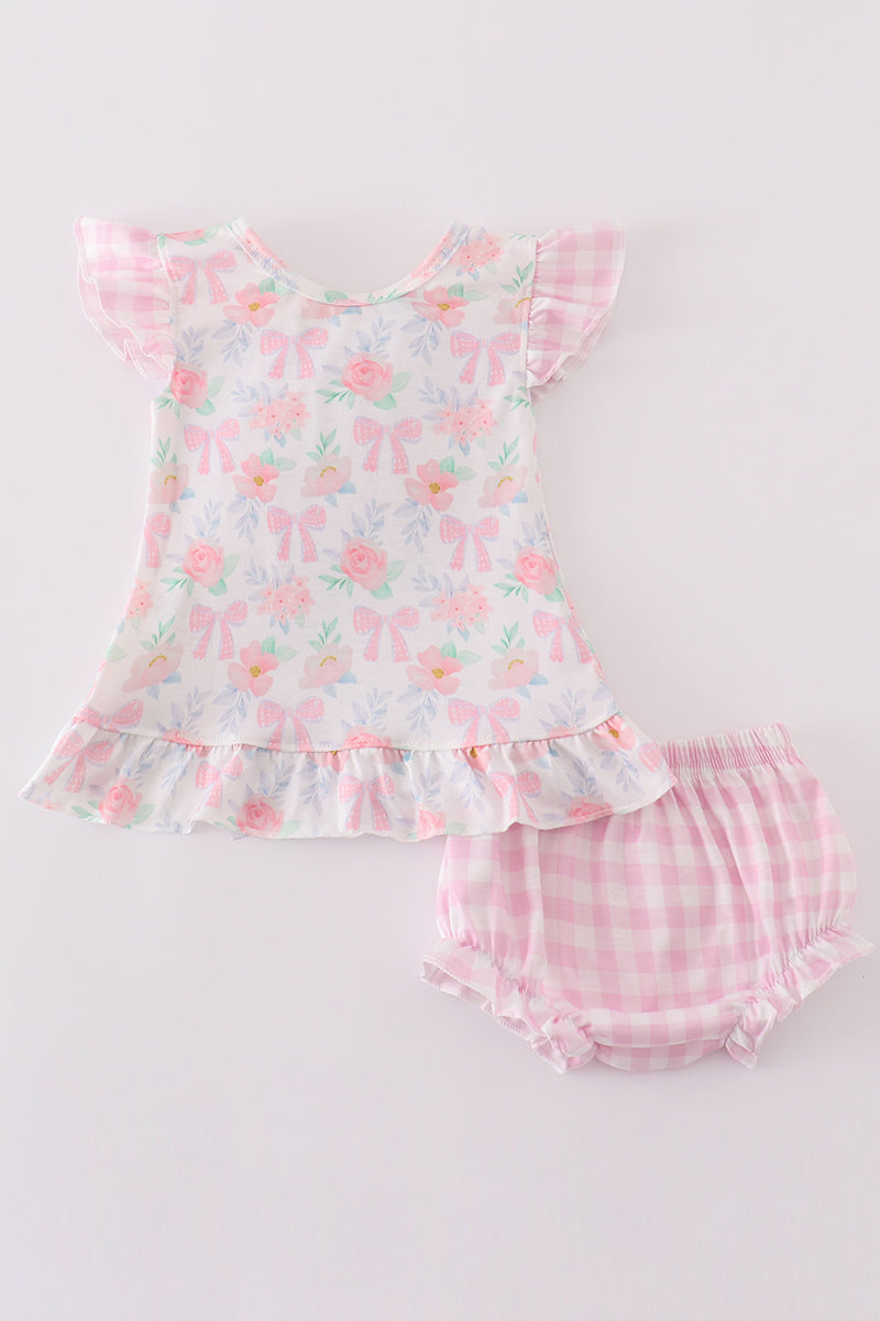 Pink floral bow print girl bloomer set