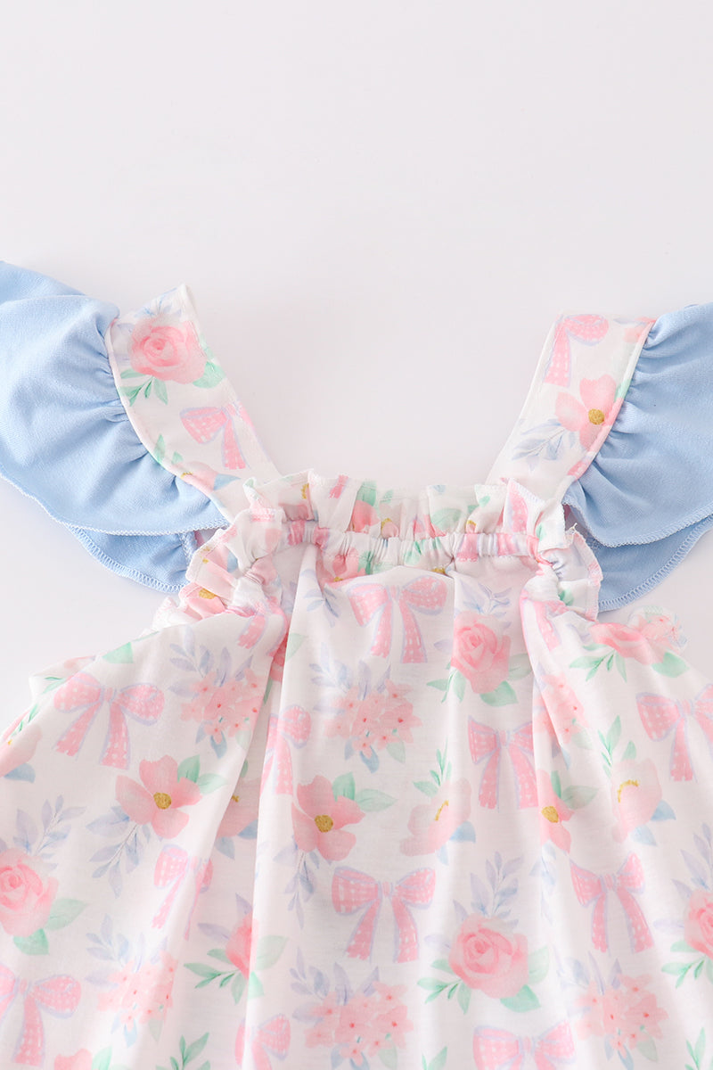 Pink floral bow print girl set