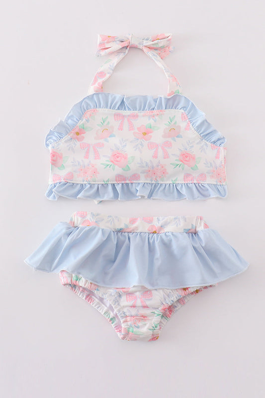 Pink floral bow print 2pc girl swimsuit