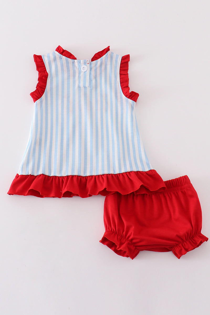 Blue stripe baseball embroidery girl bloomer set