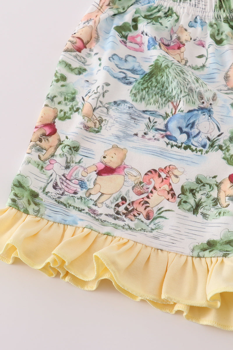 Yellow character print ruffle shorts set