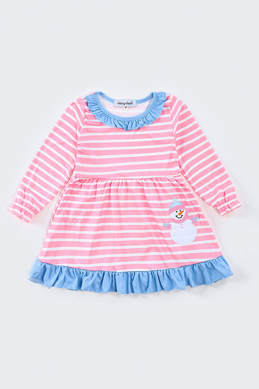 Pink stripe christmas snowman applique dress