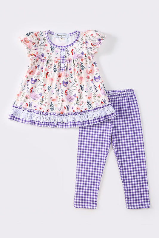 Purple farm chicken print girl set