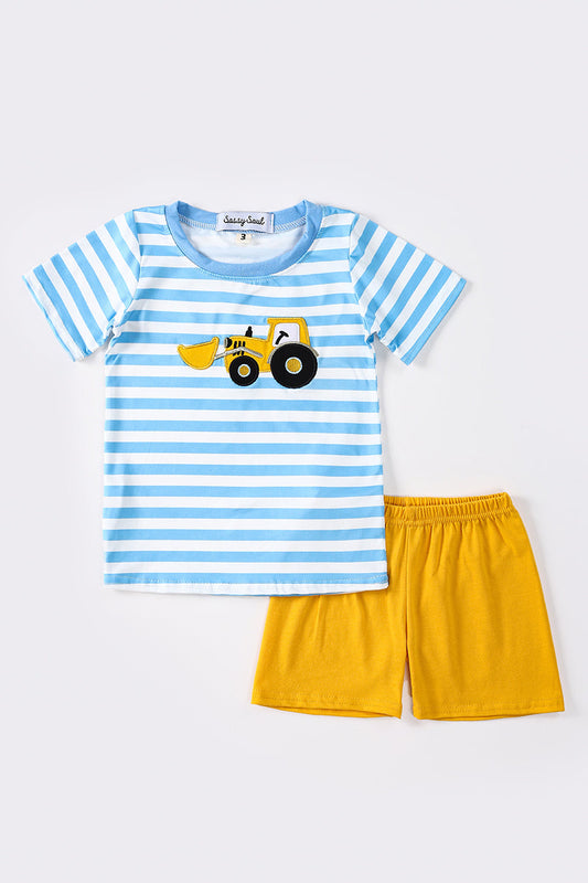 Blue stripe tractor applique boy set