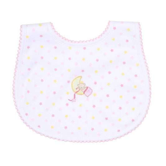 Moon and Stars Pink Embroidered Pima Cotton Bib