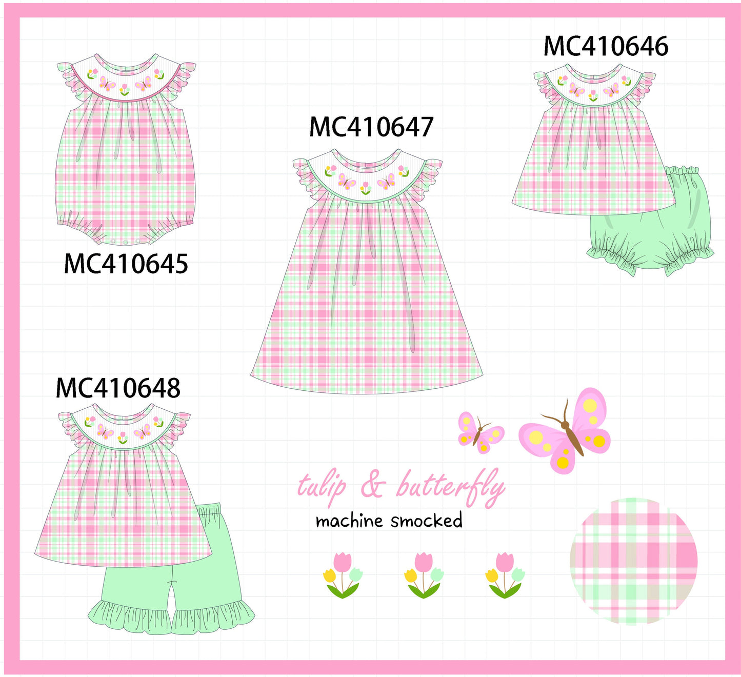 PO42 Pink floral butterfly embroidery smocked plaid collection - Ships June