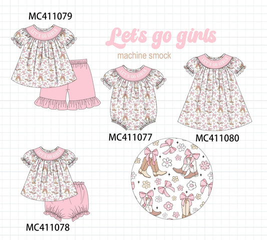 PO44 Pink let's go girls boots bow floral print smocked collection - Ships July