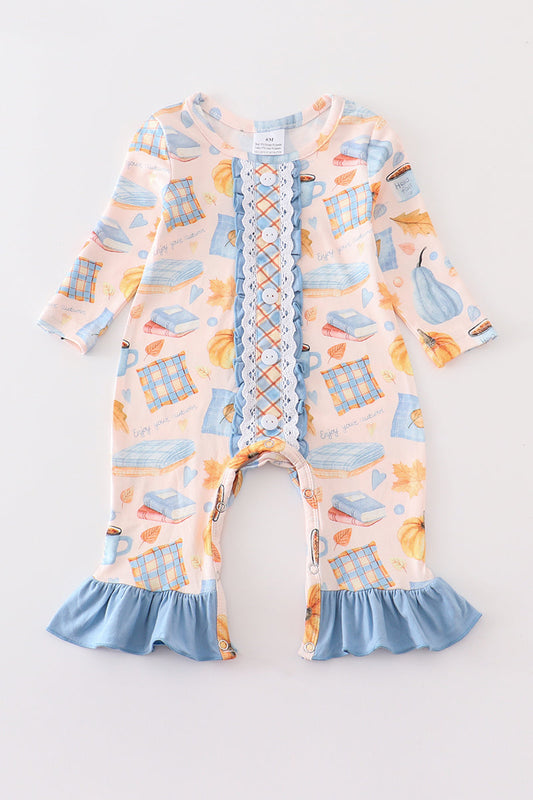 Blue plaid pumpkin print ruffle baby romper